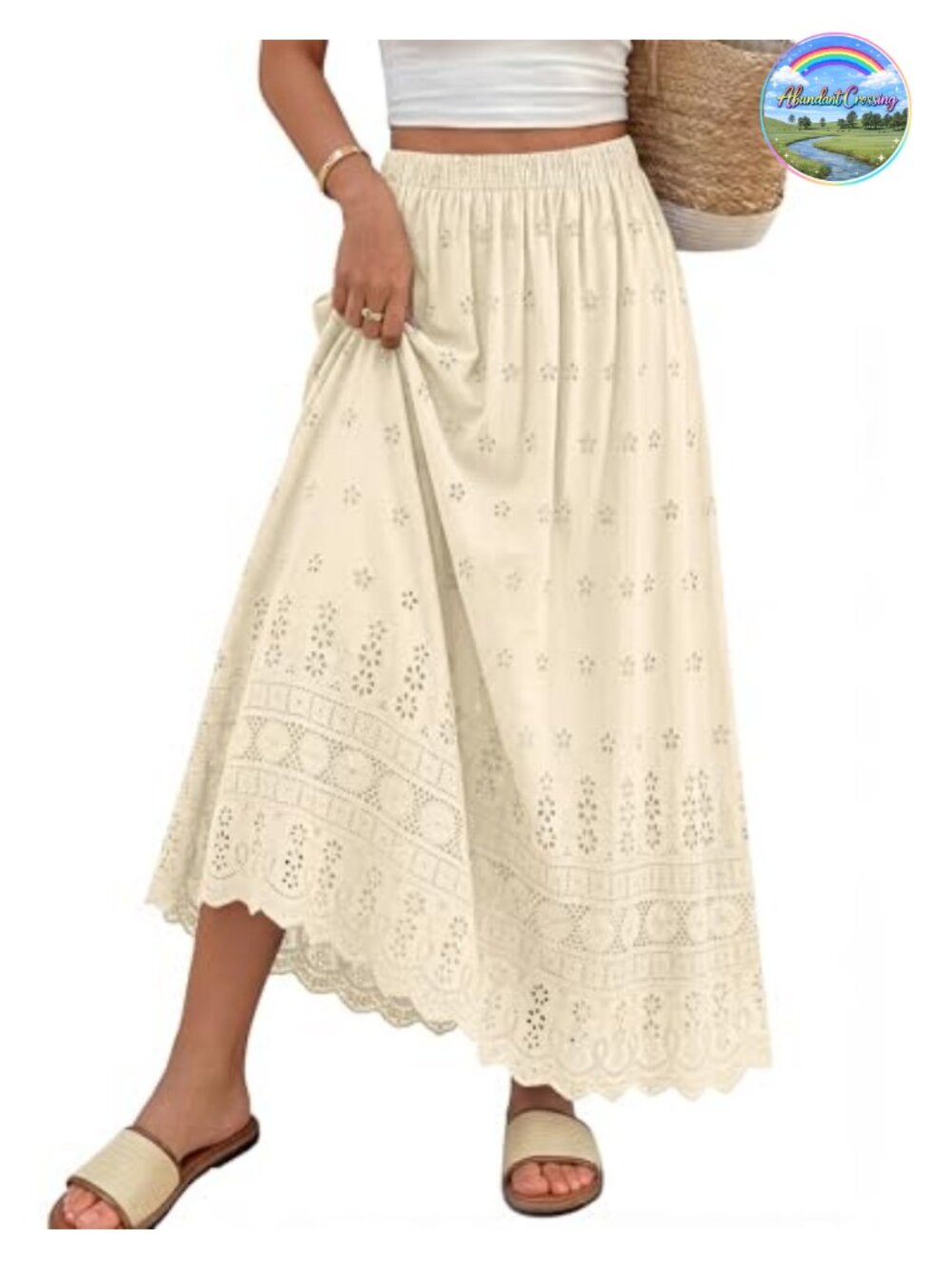 Women's Boho Cotton Eyelet A-Line Maxi Skirt Flowy